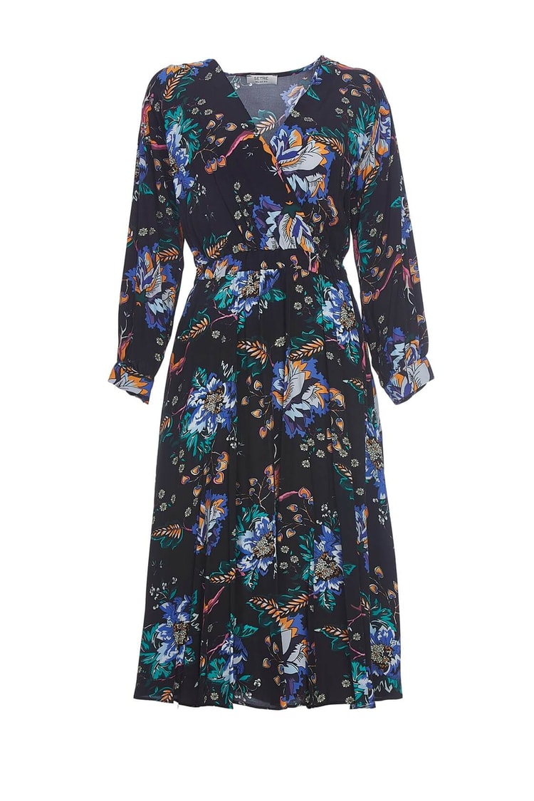 Siyah-Oranj  V Yaka Uzun Kol Bele Oturan Floral Desen Diz Altı Midi Boy ElbiseST050W4069801