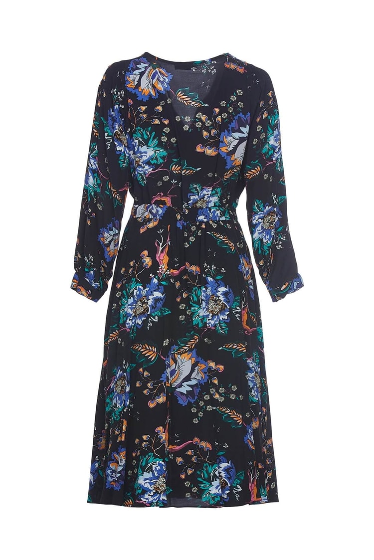 Siyah-Oranj  V Yaka Uzun Kol Bele Oturan Floral Desen Diz Altı Midi Boy ElbiseST050W4069801