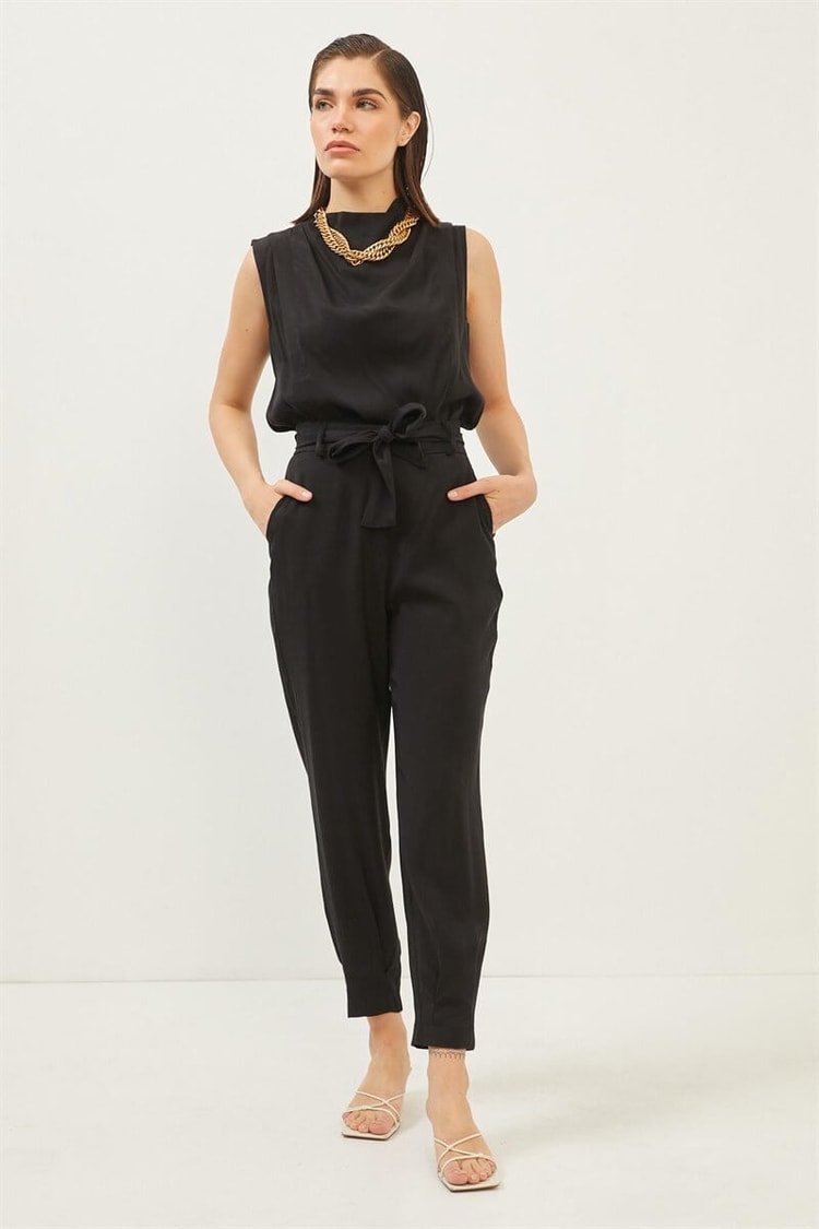 Siyah Saten Kuşaklı Pantolon Bluz TakımST060S30590003