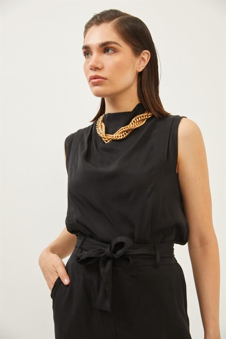 Siyah Saten Kuşaklı Pantolon Bluz TakımST060S30590003