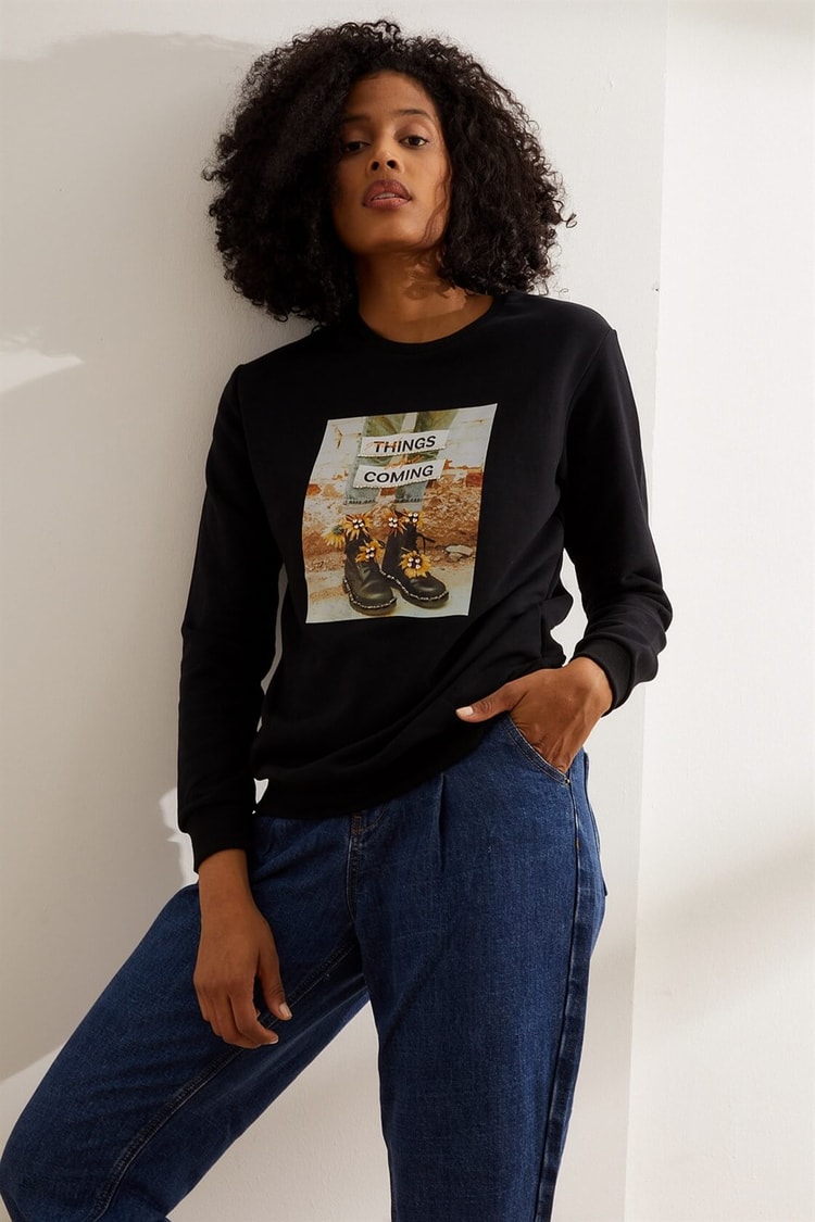 Siyah Smile Uzun Kol SweatshirtST060W7207201