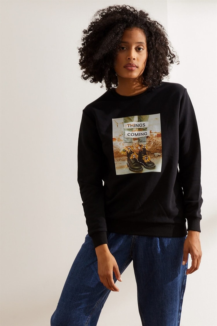 Siyah Smile Uzun Kol SweatshirtST060W7207201