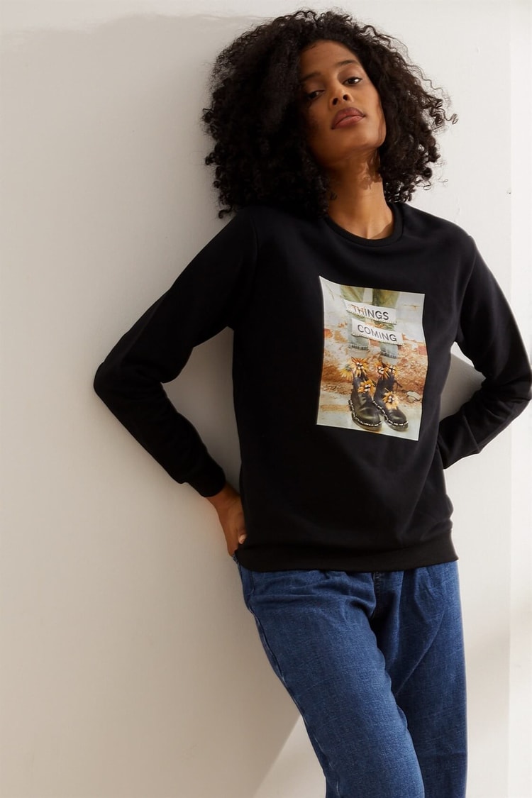 Siyah Smile Uzun Kol SweatshirtST060W7207201