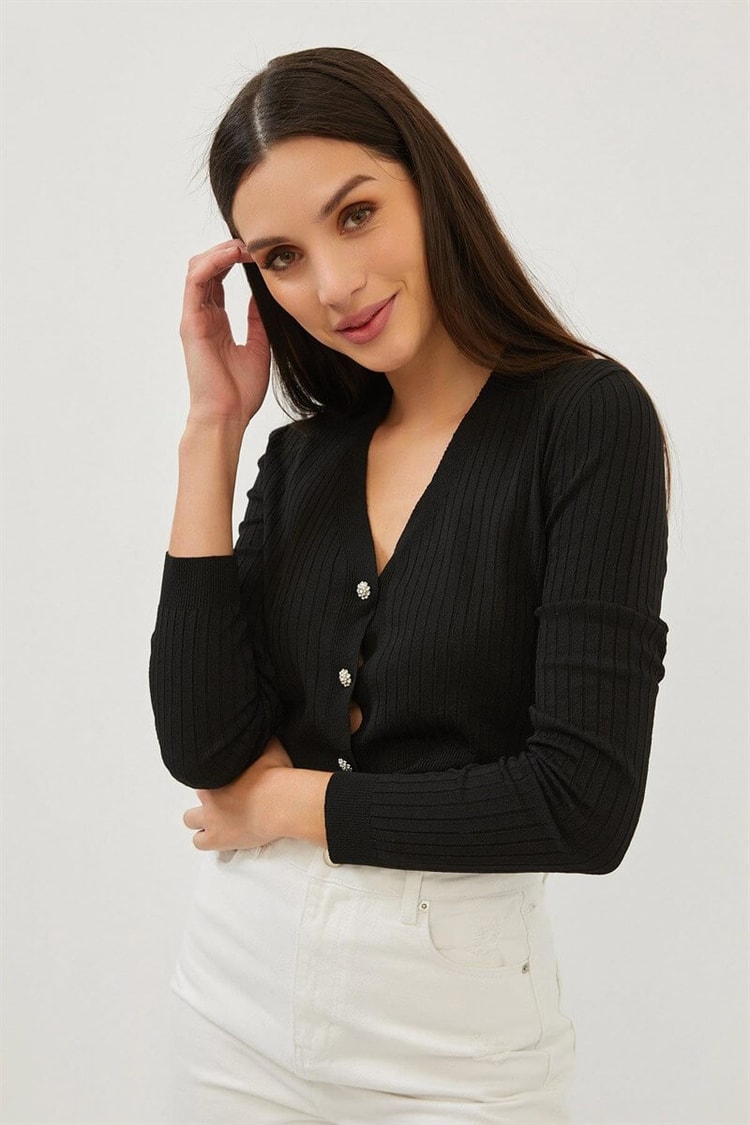 Siyah Taşlı Düğme Detaylı Crop Triko BluzST070S94182003