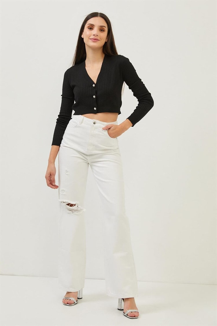 Siyah Taşlı Düğme Detaylı Crop Triko BluzST070S94182003