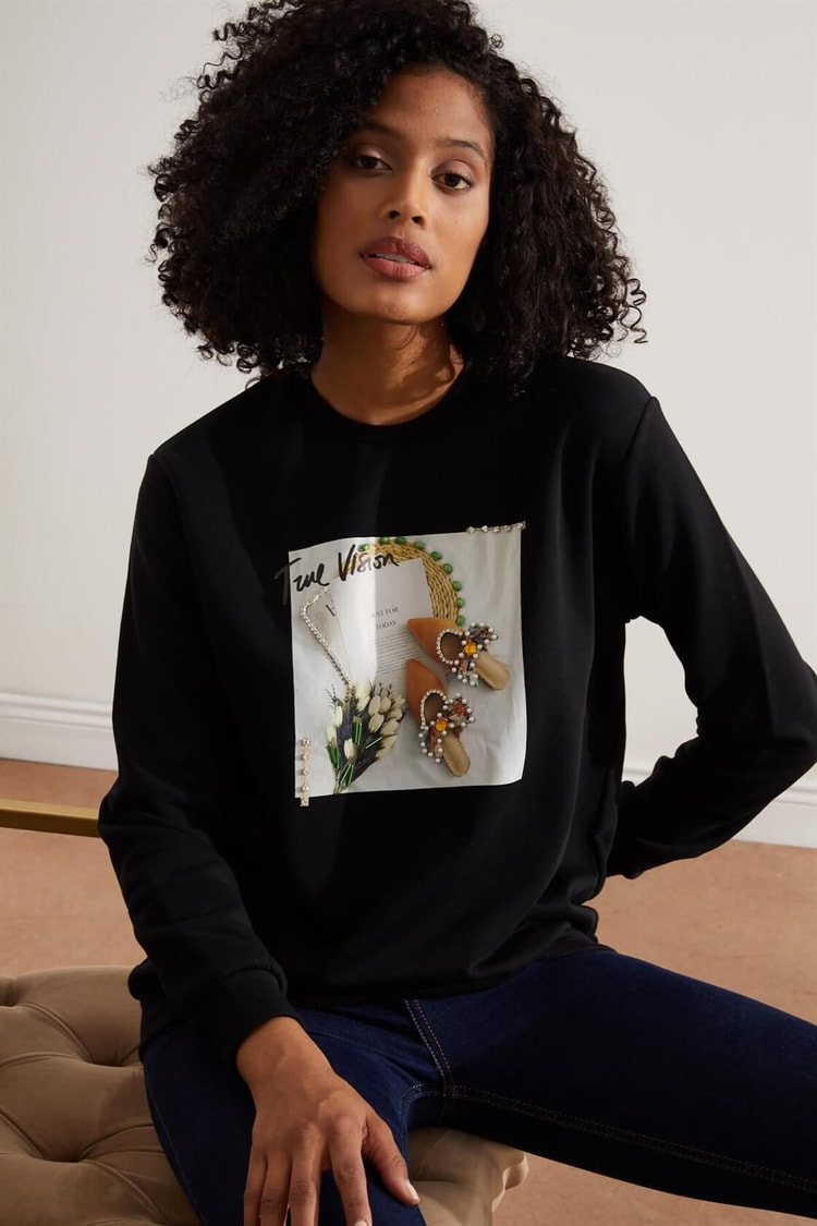 Siyah Time Vision Slogan Baskılı SweatshirtST060W7208101