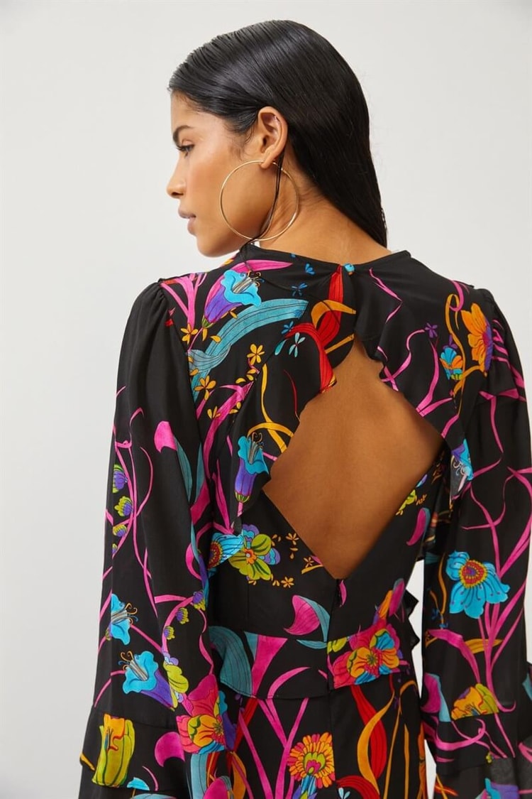 Siyah Uzun Kol Floral Desenli Midi ElbiseST060S40123401