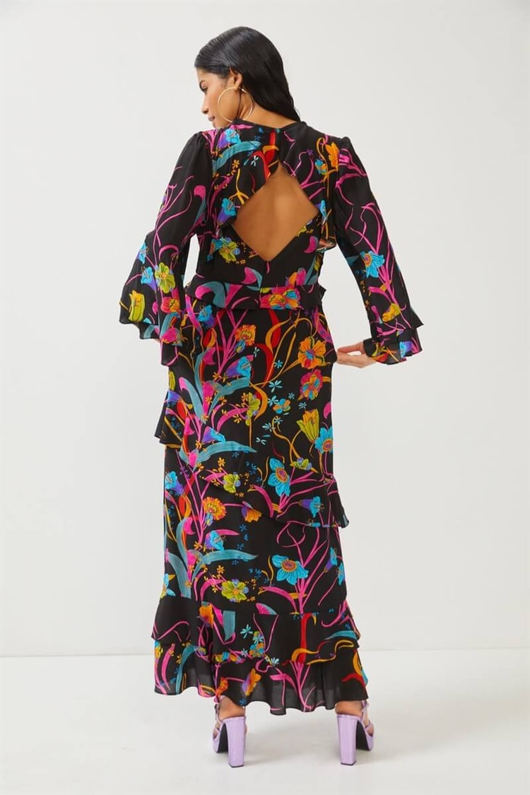 Siyah Uzun Kol Floral Desenli Midi ElbiseST060S40123401