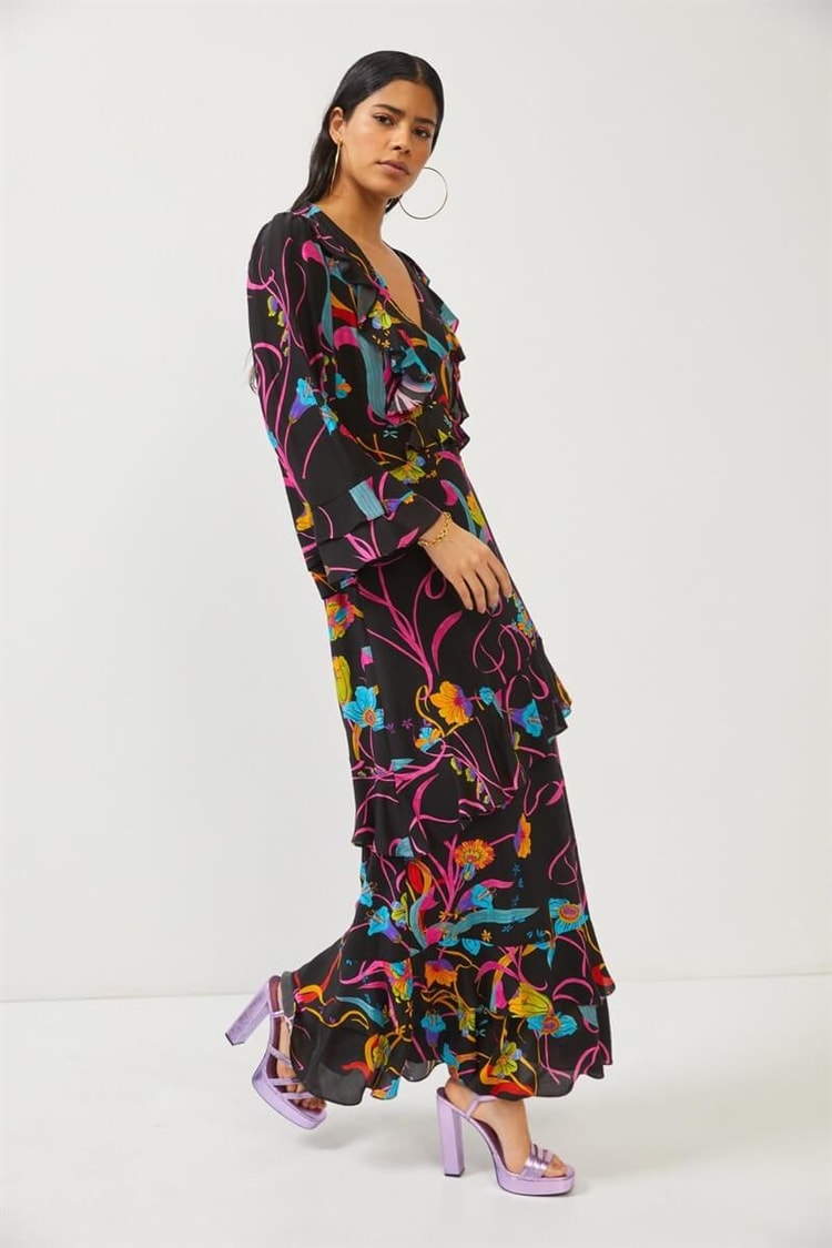 Siyah Uzun Kol Floral Desenli Midi ElbiseST060S40123401