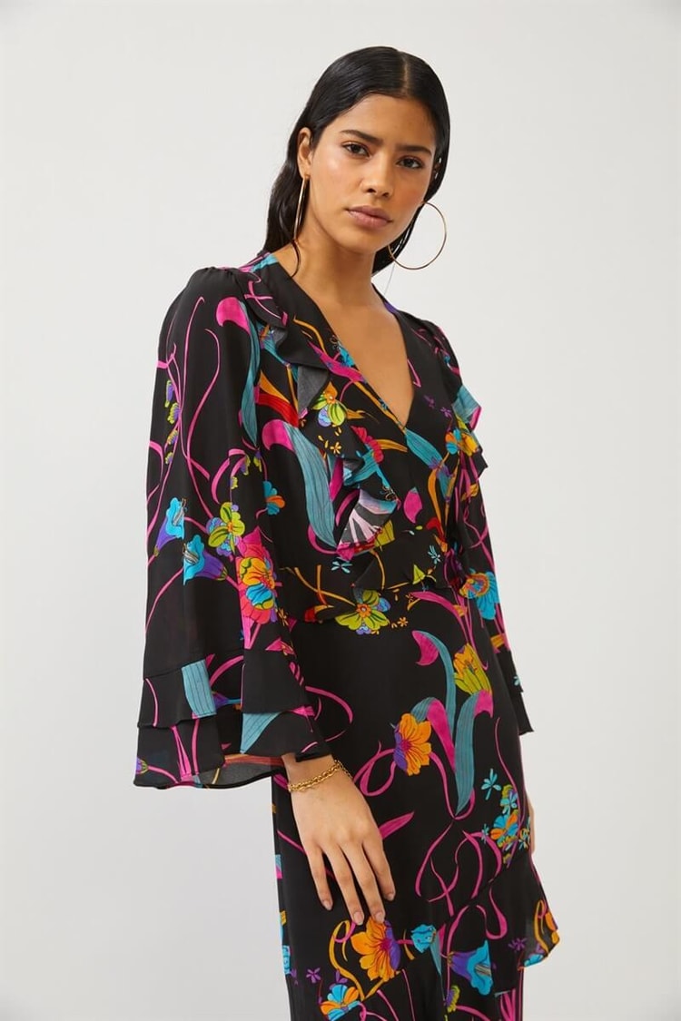 Siyah Uzun Kol Floral Desenli Midi ElbiseST060S40123401