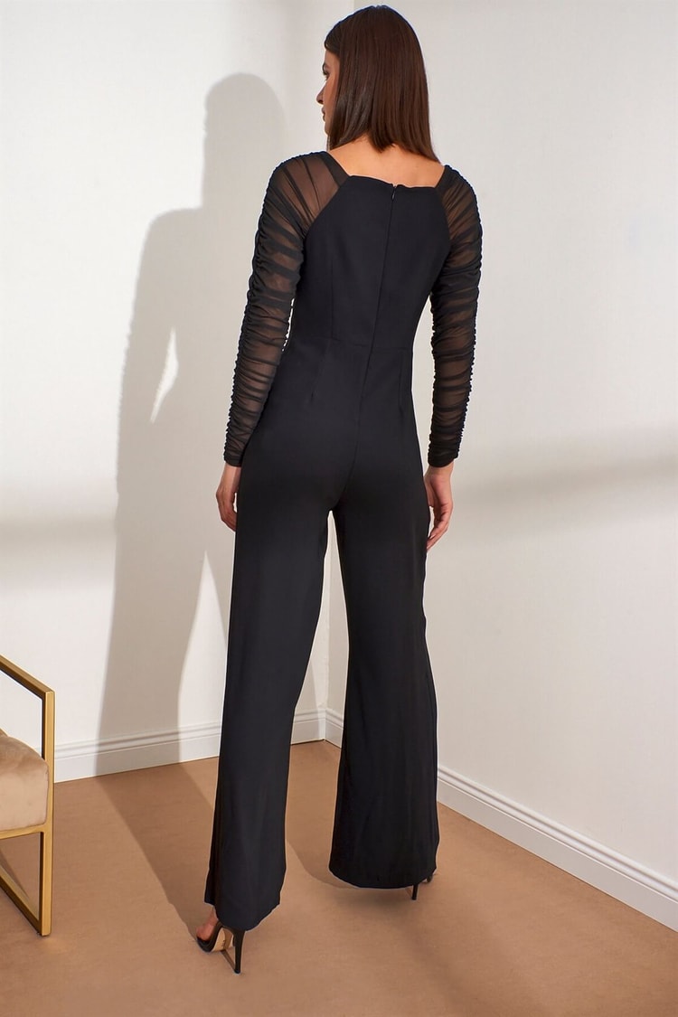Siyah Uzun Tül Kol Kare Yaka Bele Oturan Kumaş Mixli Maxi Paça TulumST050W630351