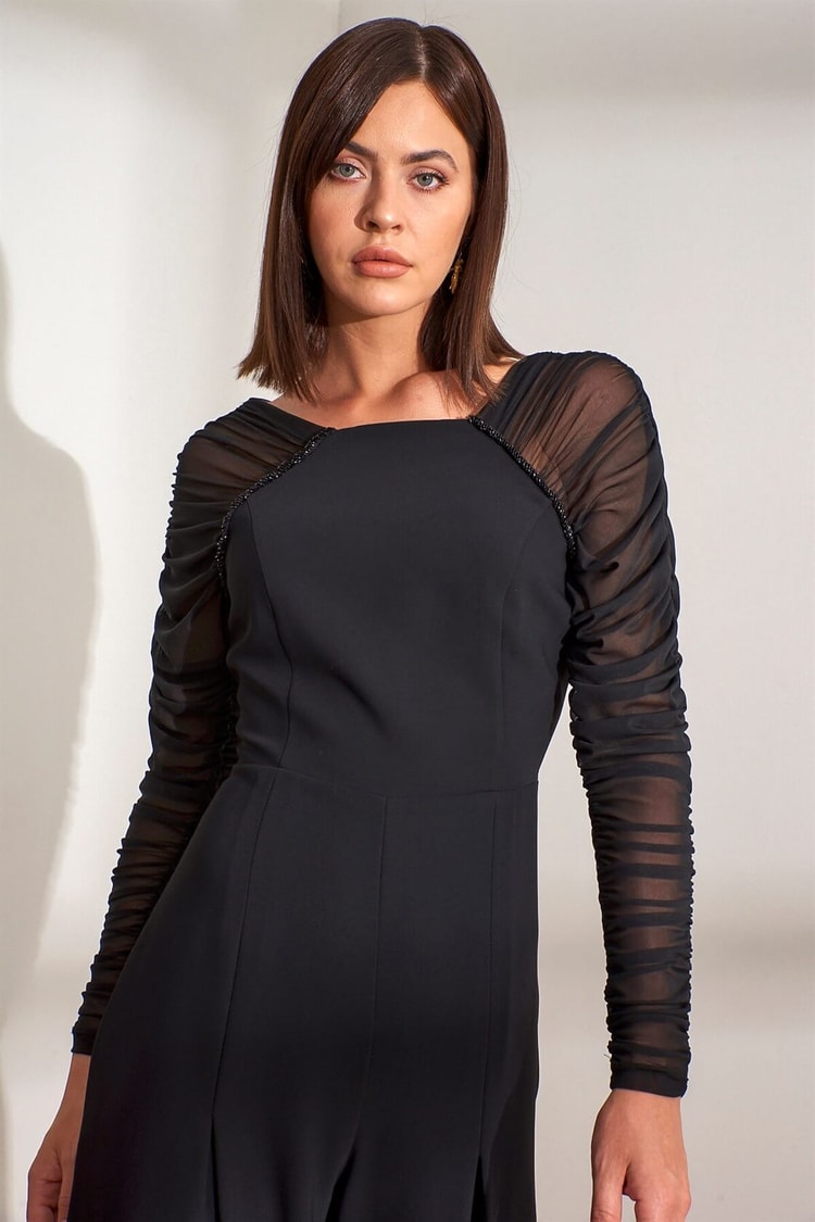 Siyah Uzun Tül Kol Kare Yaka Bele Oturan Kumaş Mixli Maxi Paça TulumST050W630351