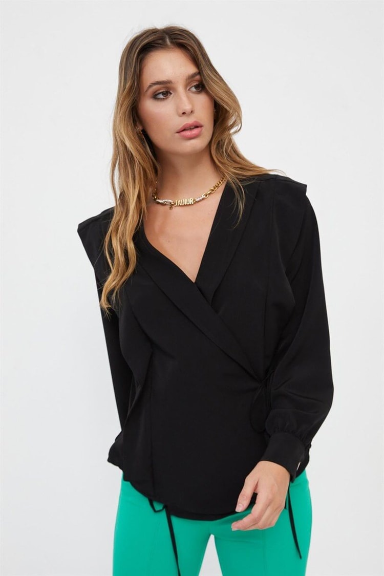 Siyah V Yaka Beli Bağcıklı BluzST060S30566001