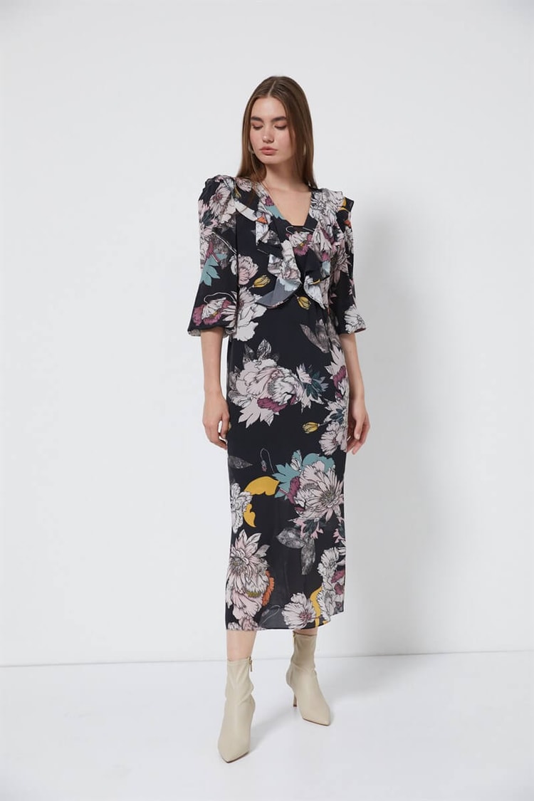 Siyah V Yaka Midi Floral Desen ElbiseST060W40121901