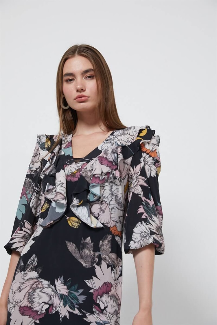 Siyah V Yaka Midi Floral Desen ElbiseST060W40121901