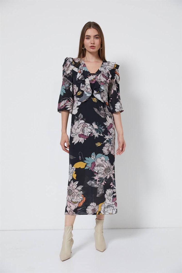Siyah V Yaka Midi Floral Desen ElbiseST060W40121901