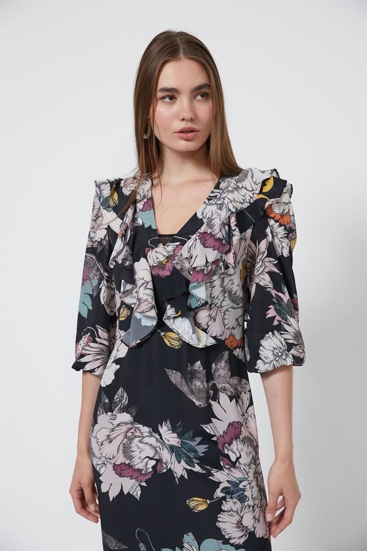 Siyah V Yaka Midi Floral Desen ElbiseST060W40121901