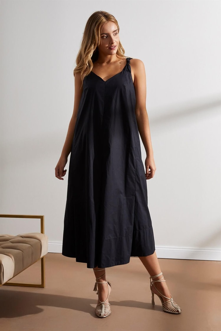 Siyah V Yaka Oversize Diz Altı Midi Boy Pamuk ElbiseST050S4054201