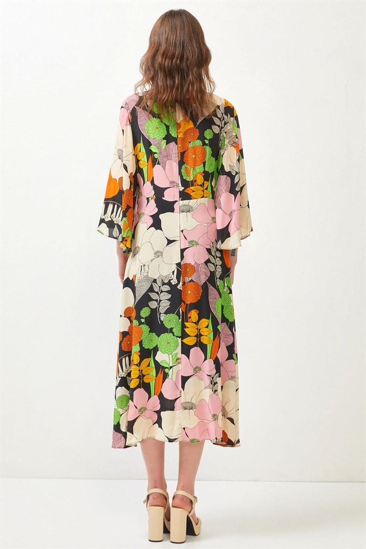 Siyah-Yeşil Floral Desen Midi ElbiseST060S40134701
