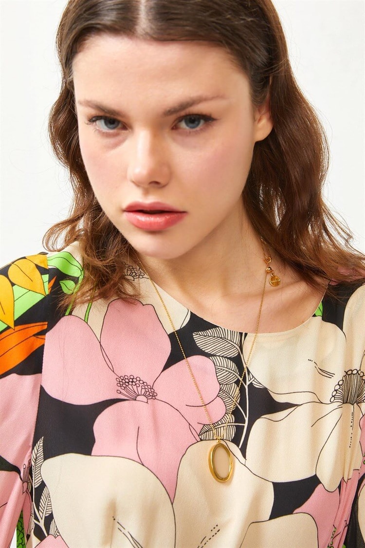 Siyah-Yeşil Floral Desen Midi ElbiseST060S40134701