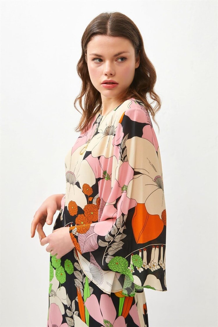 Siyah-Yeşil Floral Desen Midi ElbiseST060S40134701