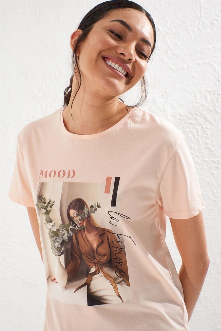 Somon Bisiklet Yaka Kısa Kol Baskılı Pamuk T-ShirtST050S7115001
