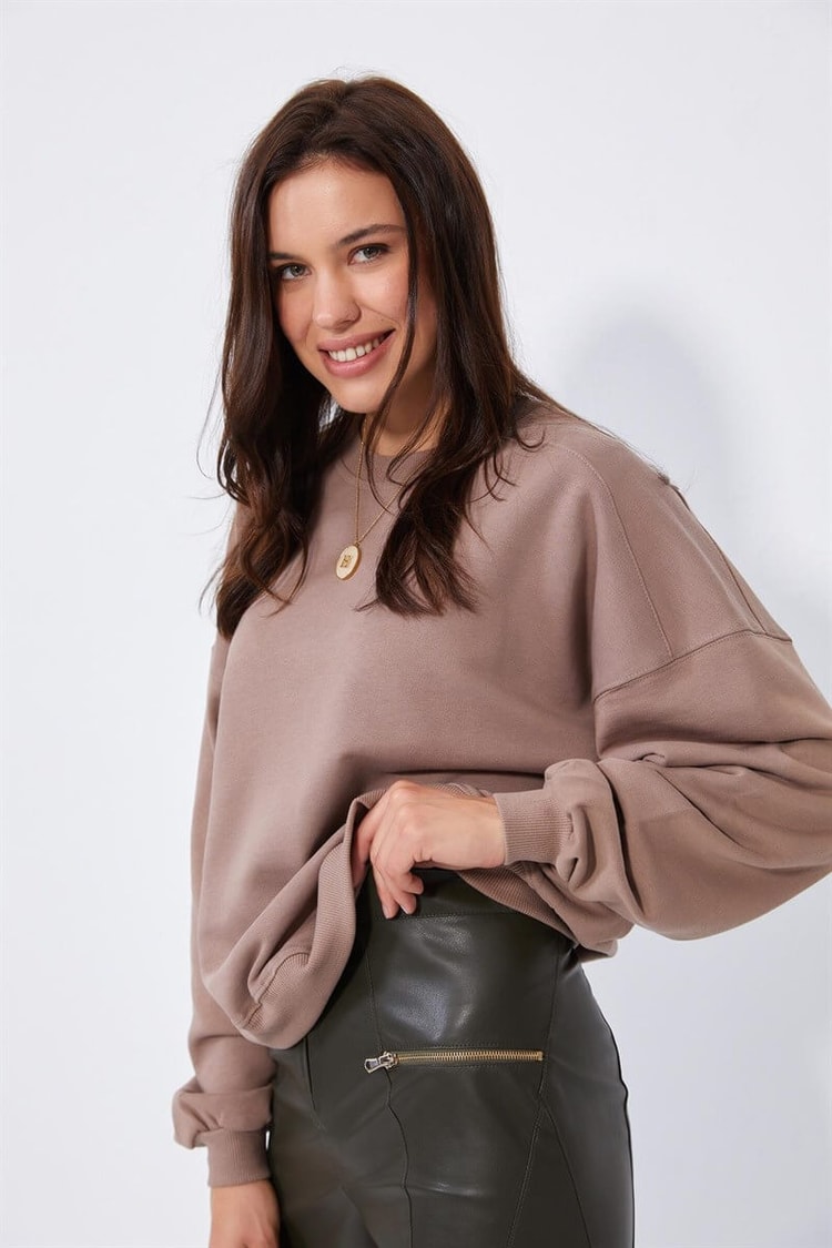 Sütlü Kahve Bisiklet Yaka Oversize S-ShirtST040W72011004