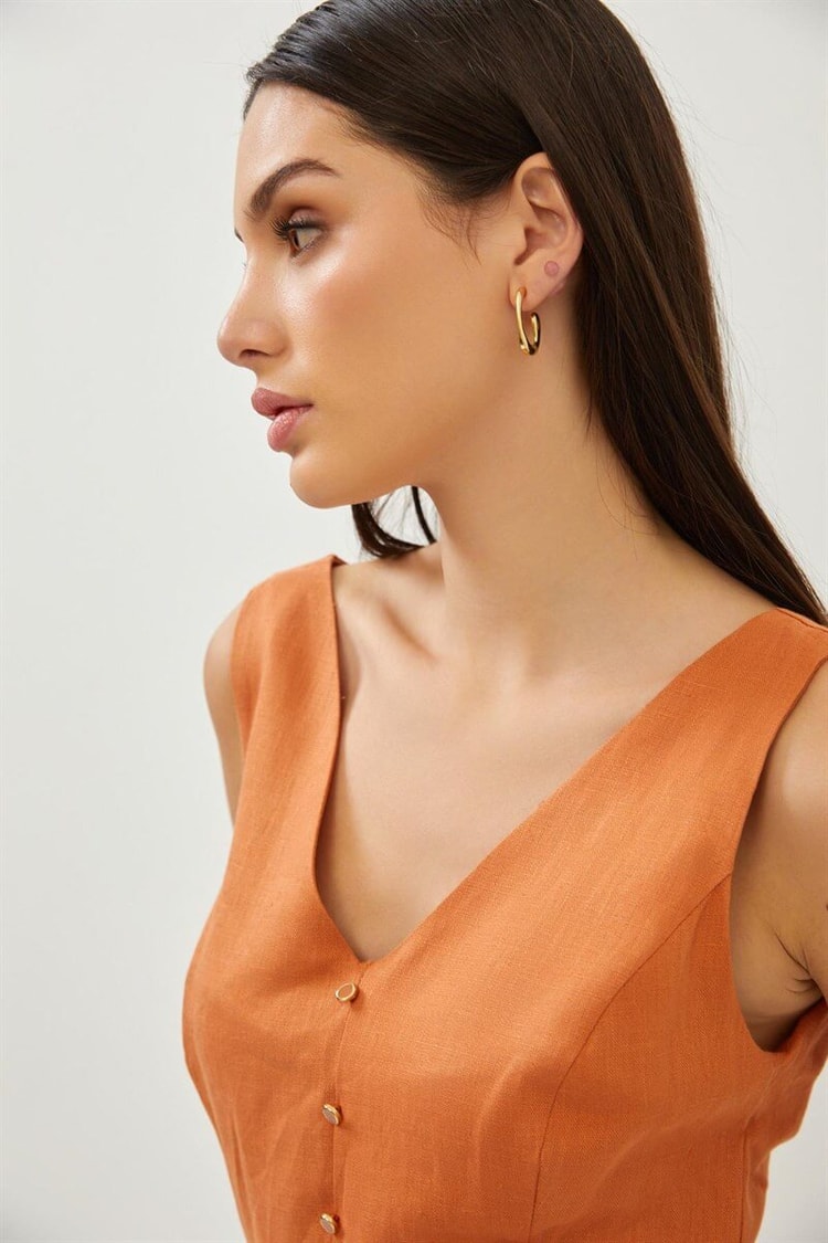Tarçın Kemerli Düğme Detaylı Midi Boy ElbiseST070S40149801