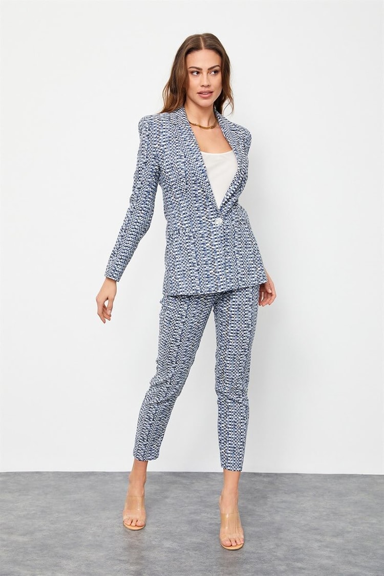 Tozlu Mavi Geometrik Desen Blazer CeketST060S9022901