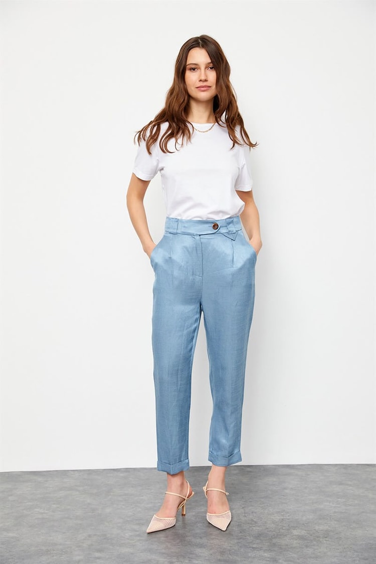 Tozlu Mavi Keten Rayon Ceket Yüksek Bel Pantolon Takım ST050S6007101