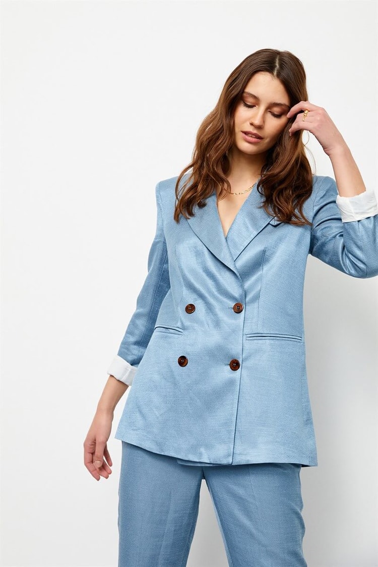 Tozlu Mavi Keten Rayon Ceket Yüksek Bel Pantolon Takım ST050S6007101