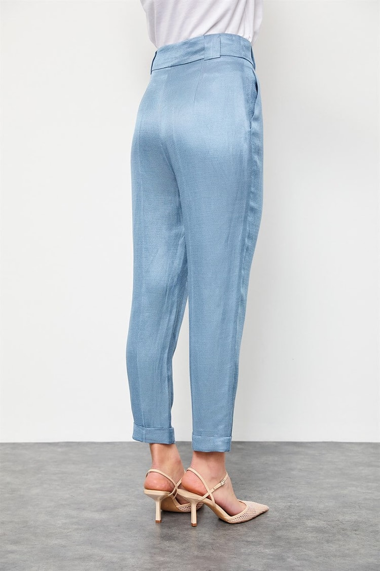 Tozlu Mavi Keten Rayon Ceket Yüksek Bel Pantolon Takım ST050S6007101