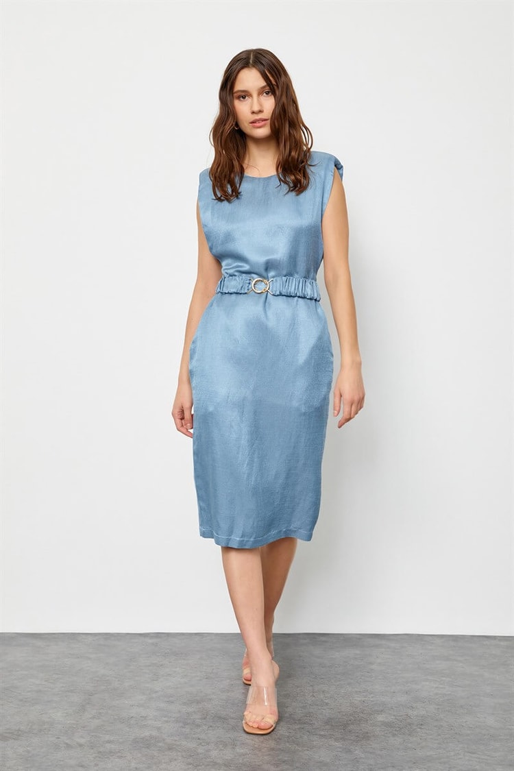 Tozlu Mavi Keten Rayon Kemerli Parlak ElbiseST060S4097601