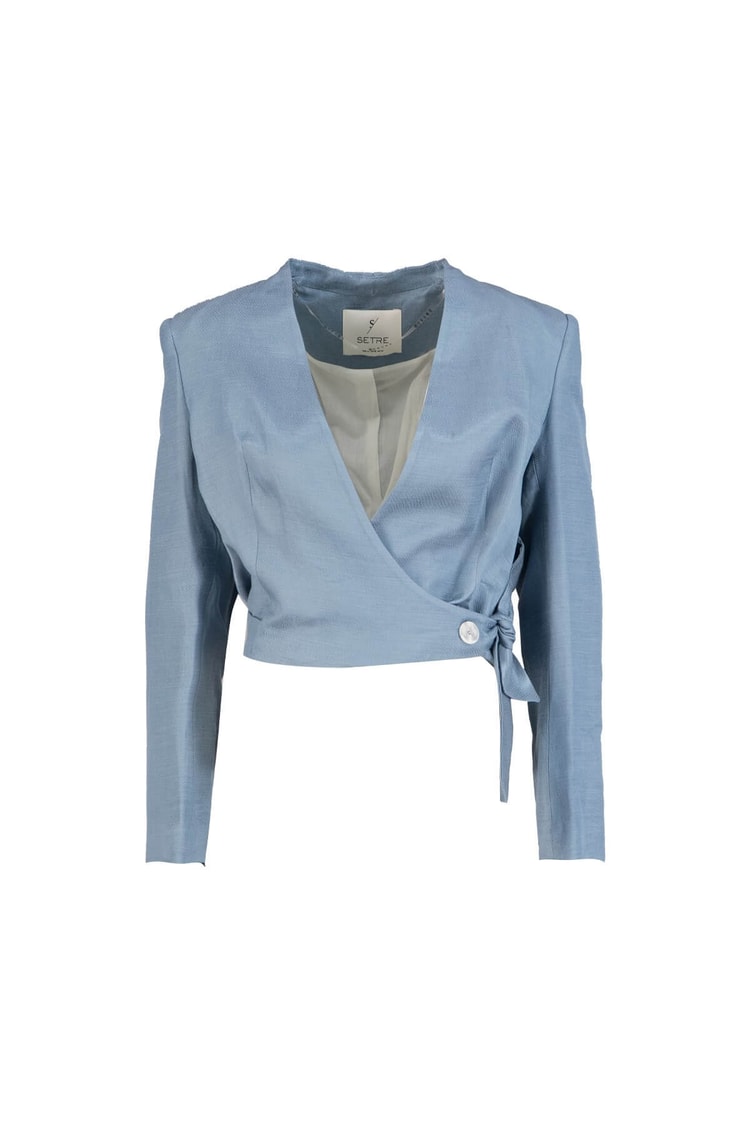 Tozlu Mavi Keten Rayon Kruvaze Parlak V Yaka CeketST060S9021201