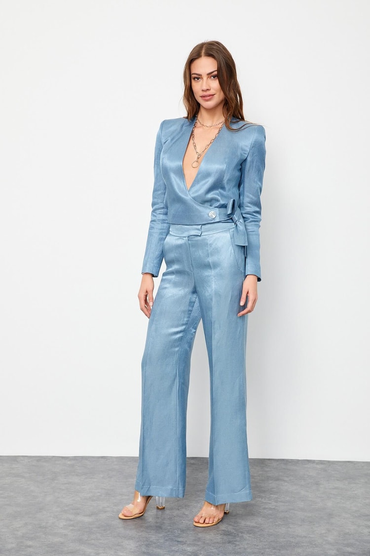 Tozlu Mavi Keten Rayon Kruvaze Parlak V Yaka CeketST060S9021201