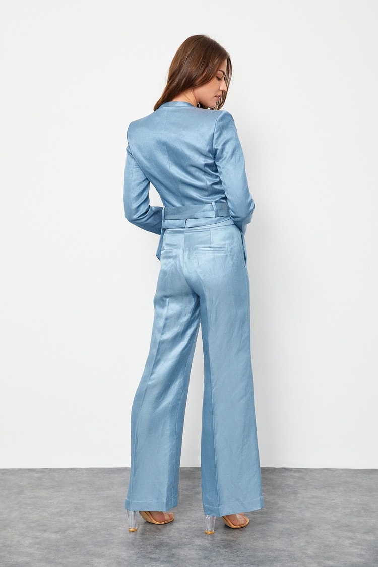 Tozlu Mavi Keten Rayon Kruvaze Parlak V Yaka CeketST060S9021201