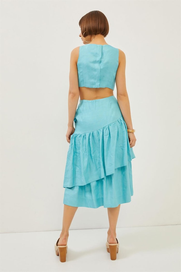 Turkuaz Cut Out Detaylı Katlı Maxi Boy ElbiseST070S40160501