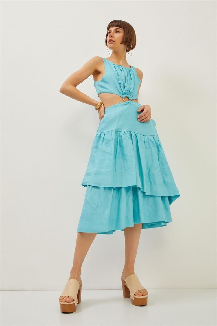 Turkuaz Cut Out Detaylı Katlı Maxi Boy ElbiseST070S40160501