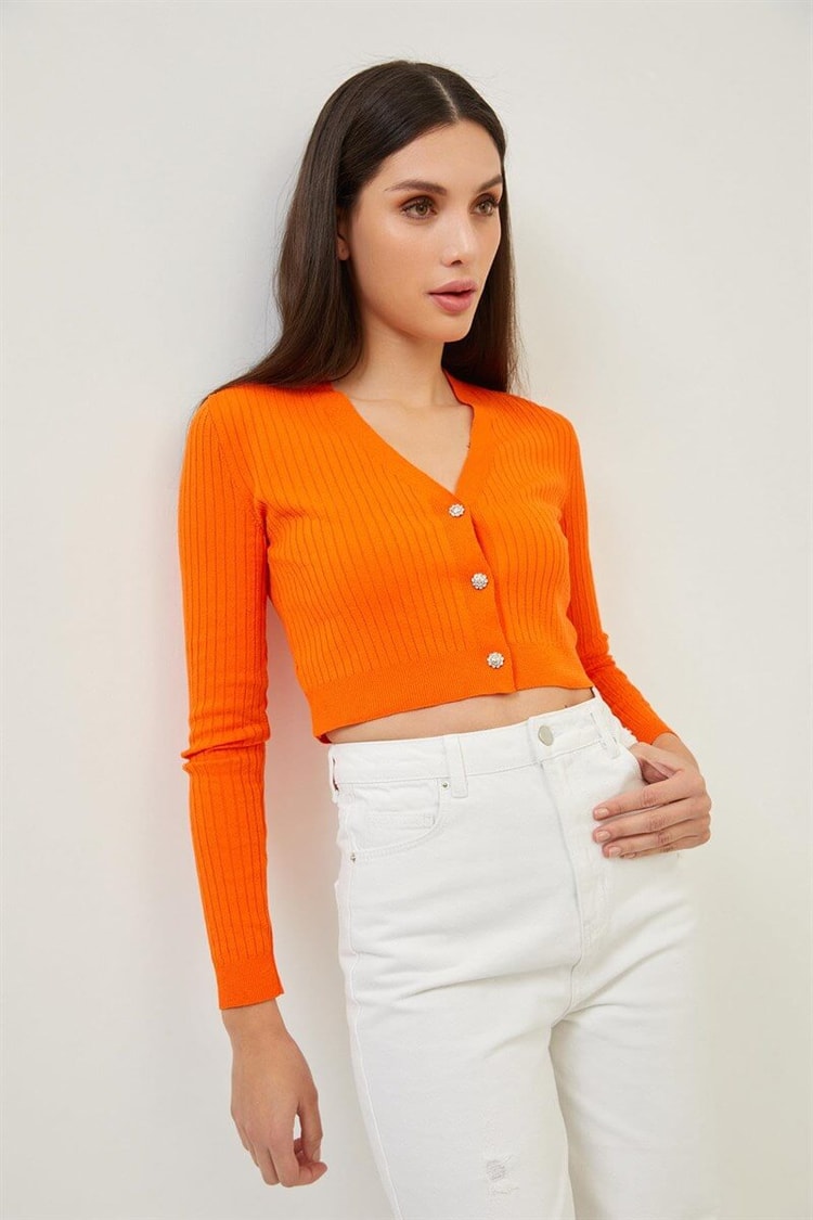 Turuncu Taşlı Düğme Detaylı Crop Triko BluzST070S94182003