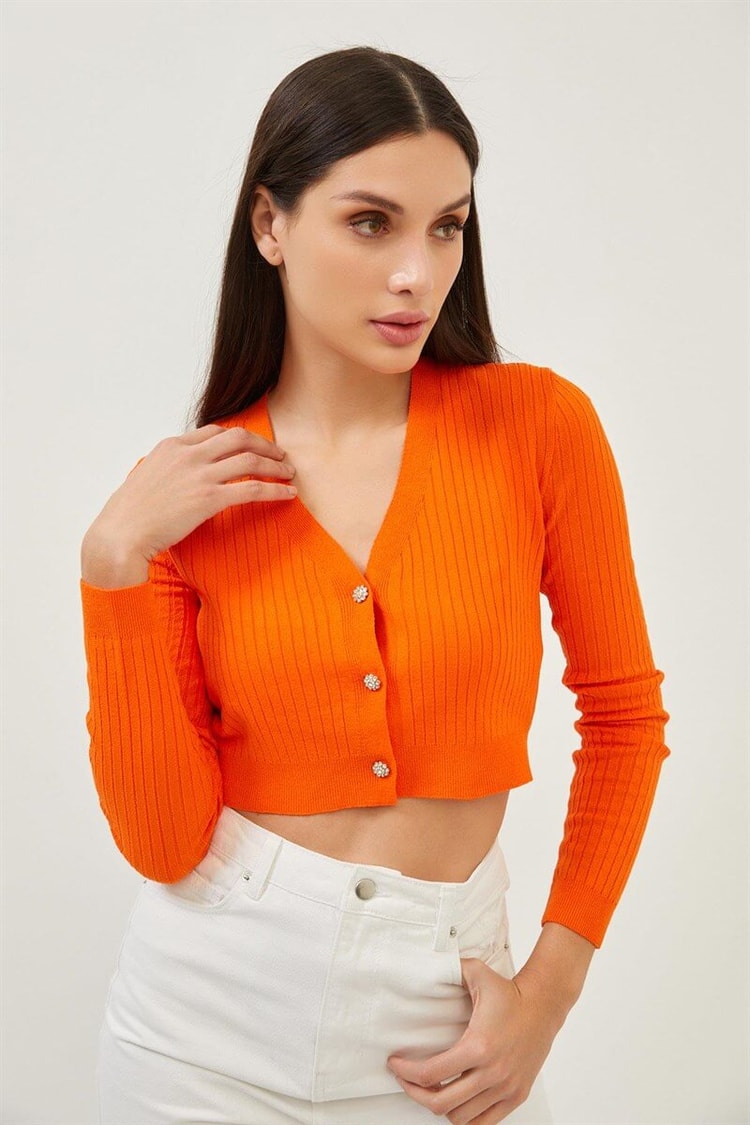 Turuncu Taşlı Düğme Detaylı Crop Triko BluzST070S94182003