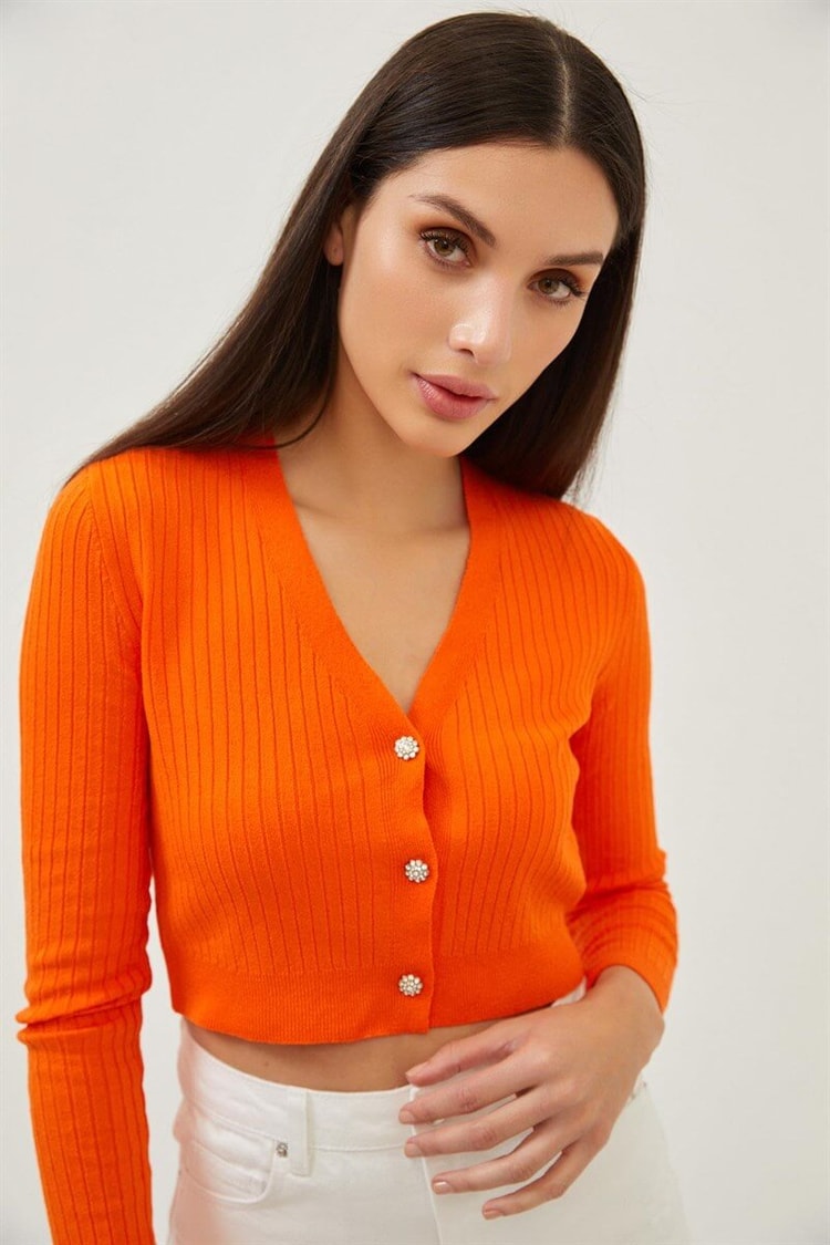 Turuncu Taşlı Düğme Detaylı Crop Triko BluzST070S94182003