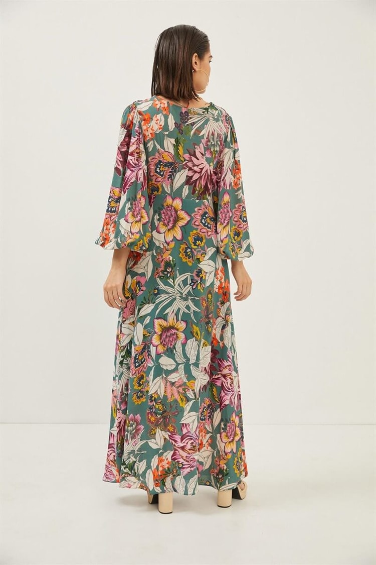 Yeşil Bağcık Detaylı Floral Desen ElbiseST060S40132701