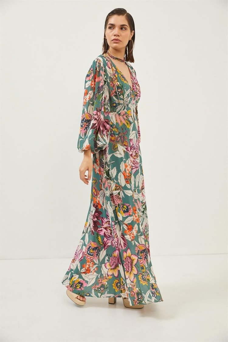 Yeşil Bağcık Detaylı Floral Desen ElbiseST060S40132701