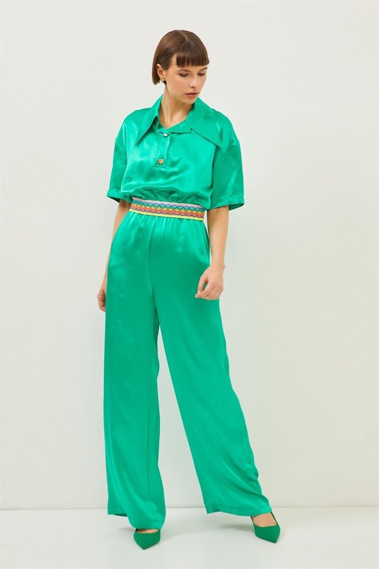 Yeşil Beli Lastik Detaylı Bluz Palazzo Pantolon TakımST060S30762002