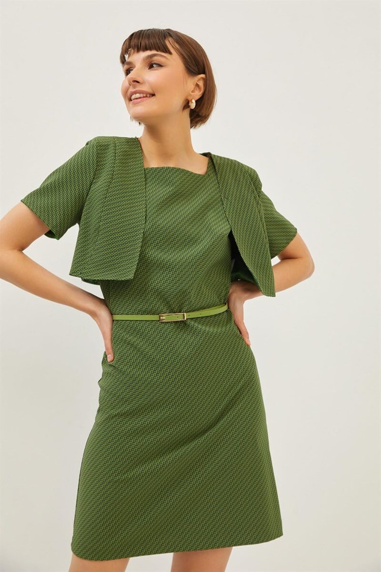 Yeşil Fit Kalıp Desenli Midi ElbiseST070S90429001