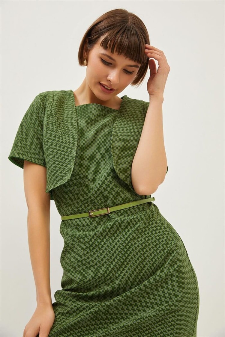 Yeşil Fit Kalıp Desenli Midi ElbiseST070S90429001