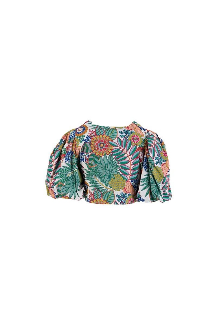 Yeşil Floral Desenli Balon Kollu Kruvaze Crop BluzST070S30799001