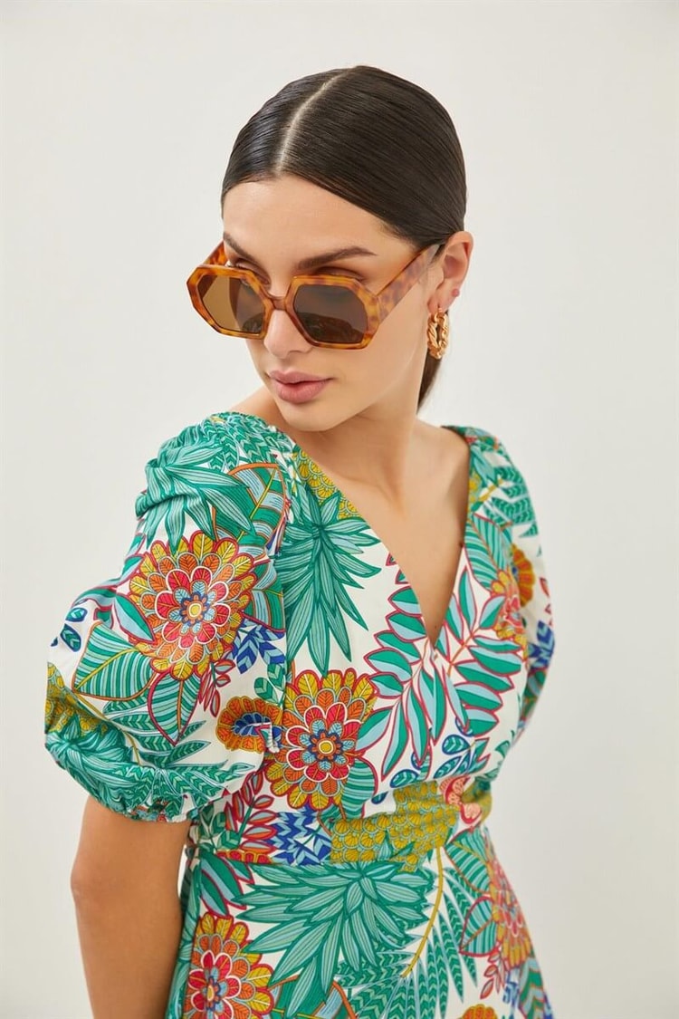 Yeşil Floral Desenli Balon Kollu Midi Boy ElbiseST070S40161301