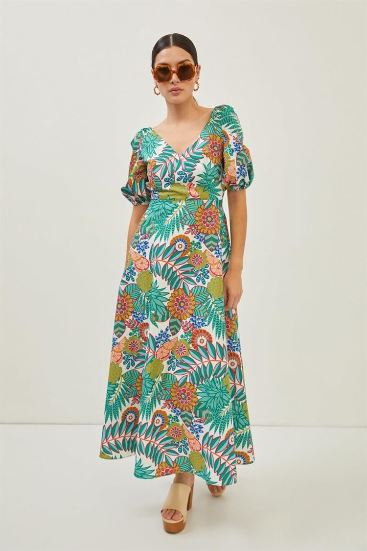 Yeşil Floral Desenli Balon Kollu Midi Boy ElbiseST070S40161301