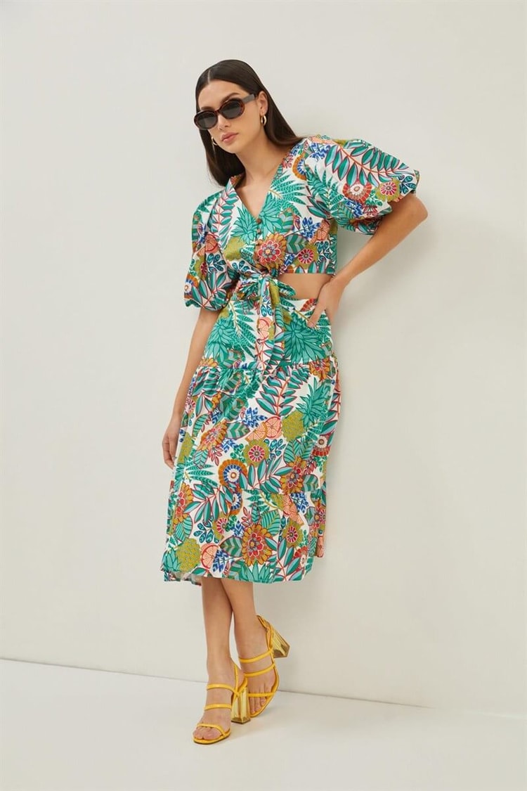 Yeşil Floral Desenli Kruvaze Crop Bluz Midi Etek TakımST070S30799002